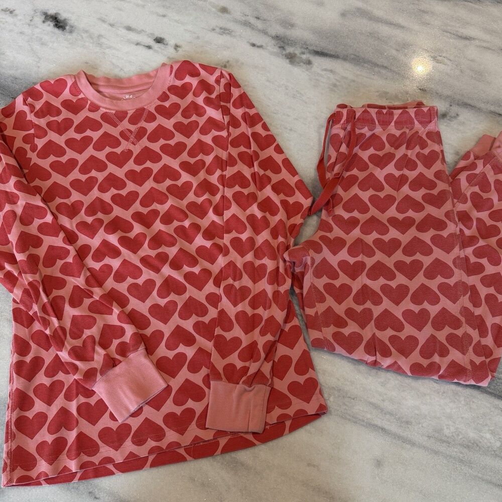 Primary 100% Cotton Pajama Set Women’s Sz Small Pink & Red Heart Print Joggers